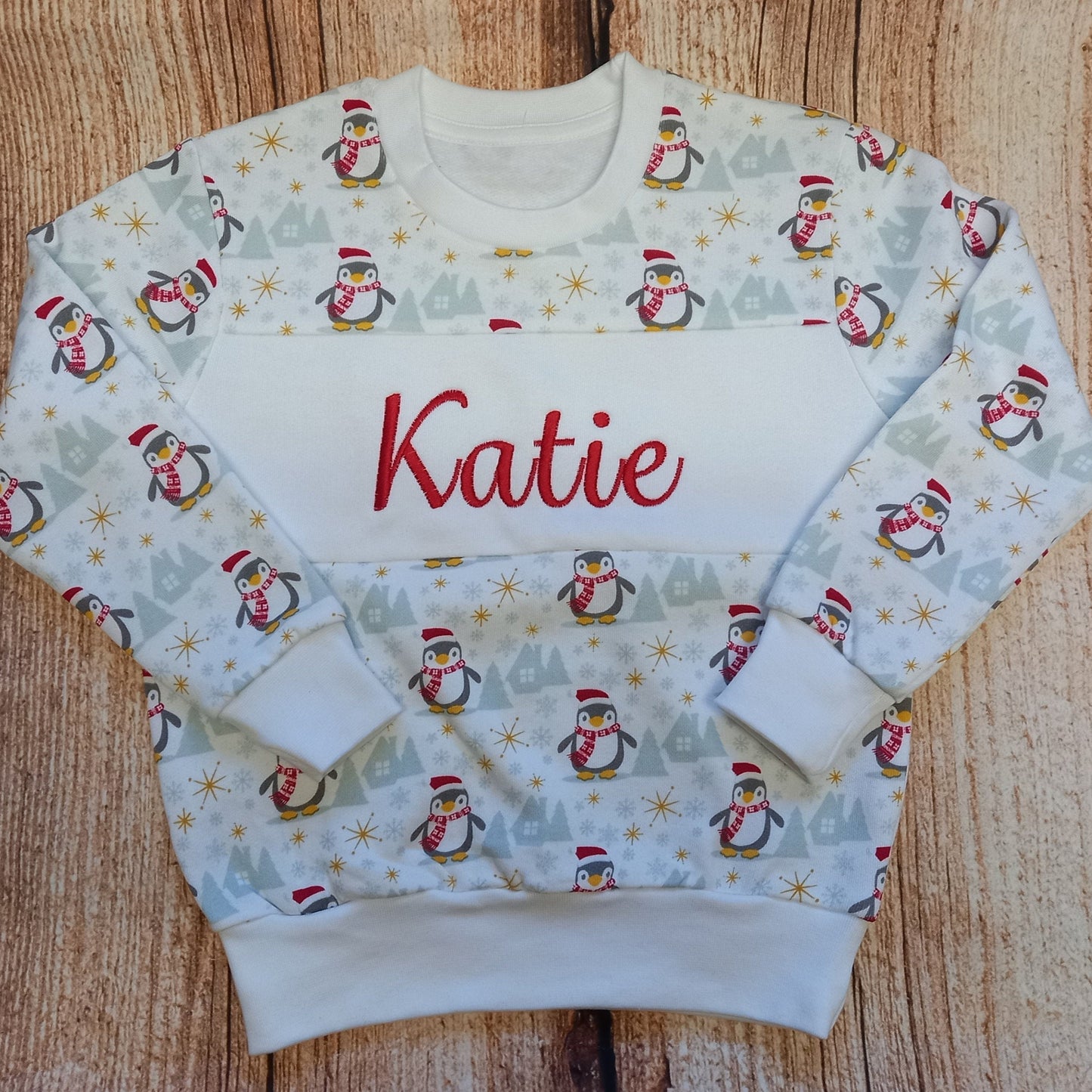 Childrens personalised Christmas Jumper, Childs embroidered xmas sweater, Penguin Christmas jumper