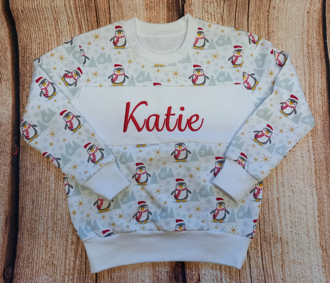 Childrens personalised Christmas Jumper, Childs embroidered xmas sweater, Penguin Christmas jumper