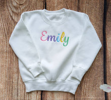 Load image into Gallery viewer, Childrens personalised jumper, child&#39;s embroidered sweater, kids rainbow jumper, childrens personalised gift, kids clothing
