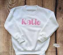 Load image into Gallery viewer, Childrens personalised jumper, child&#39;s embroidered sweater, personalised clothing for kids, personalised glitter sweatshirt, winter wardrobe
