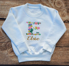 Load image into Gallery viewer, Childrens personalised Jumper, Childs personalised clothing, flower initial top, Girls flower tshirt, Girls flower jumper, kids sweater
