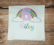 Load image into Gallery viewer, Childrens personalised rainbow birthday tshirt, Childs pastel rainbow birthday shirt, Personalised clothing, Kids embroidered birthday tee
