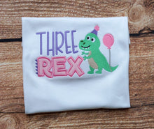 Load image into Gallery viewer, childrens dinosaur birthday tshirt, Three rex tee, childs third birthday tshirt, kids birthday clothing, trex birthday shirt, childs gift
