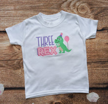 Load image into Gallery viewer, childrens dinosaur birthday tshirt, Three rex tee, childs third birthday tshirt, kids birthday clothing, trex birthday shirt, childs gift
