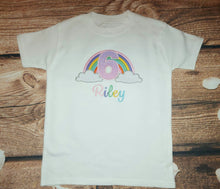 Load image into Gallery viewer, Childrens personalised rainbow birthday tshirt, Childs pastel rainbow birthday shirt, Personalised clothing, Kids embroidered birthday tee
