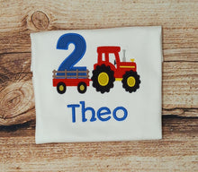 Load image into Gallery viewer, Childrens personalised birthday tshirt, Childs embroidered birthday tee, Kids tractor birthday shirt, personalised birthday gift/outfit
