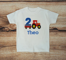 Load image into Gallery viewer, Childrens personalised birthday tshirt, Childs embroidered birthday tee, Kids tractor birthday shirt, personalised birthday gift/outfit
