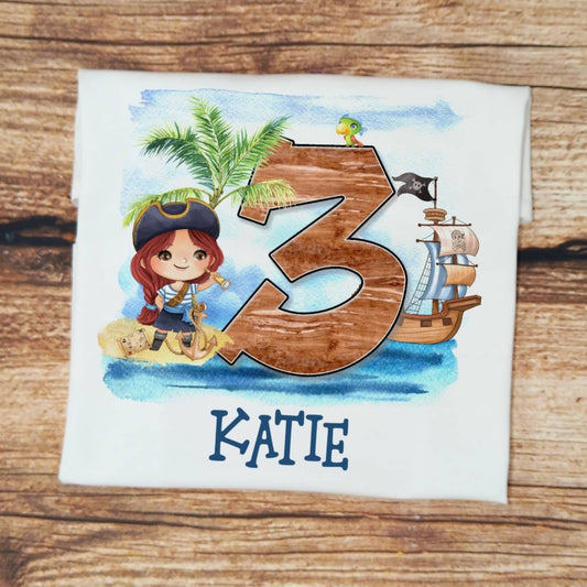 Childrens personalised birthday tshirt,Childs girl pirate birthday shirt, pirate theme birthday clothes, personalised birthday gift for kids