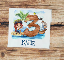 Load image into Gallery viewer, Childrens personalised birthday tshirt,Childs girl pirate birthday shirt, pirate theme birthday clothes, personalised birthday gift for kids
