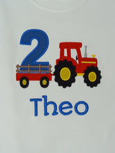 Load image into Gallery viewer, Childrens personalised birthday tshirt, Childs embroidered birthday tee, Kids tractor birthday shirt, personalised birthday gift/outfit
