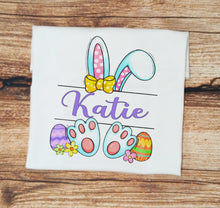 Load image into Gallery viewer, Childrens personalised easter tshirt, customised easter clothing, Easter rabbit top, kids easter tee, childs personalised easter gift
