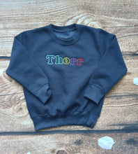 Load image into Gallery viewer, Childrens personalised sweater, Childs embroidered jumper, kids rainbow letter sweatshirt, personalised gift , childrens clothing
