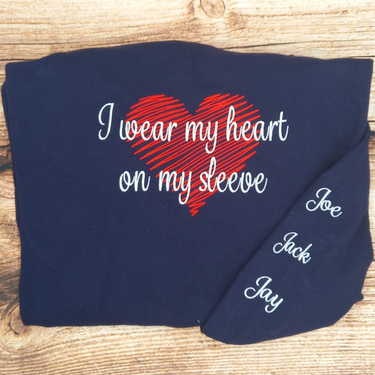 Ladies personalised hoody, womens personalised sweater, I wear my heart on my sleeve jumper, mothers day gift, gift for nan/grandmother
