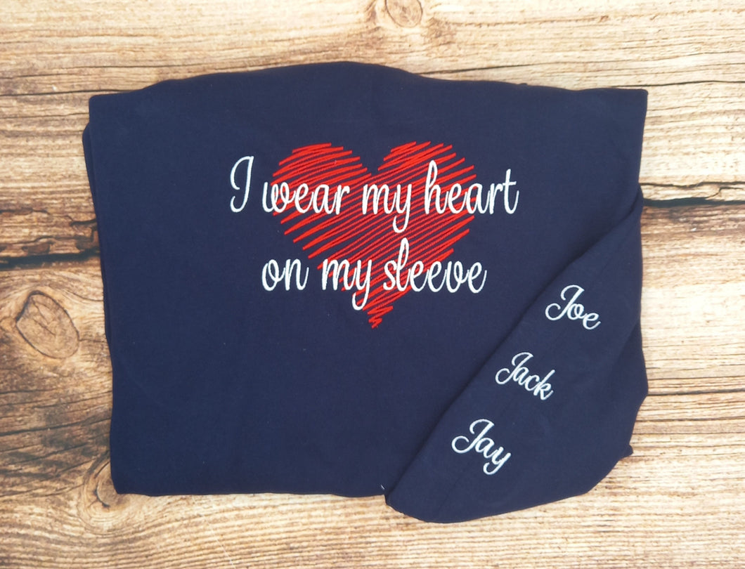 Ladies personalised hoody, womens personalised sweater, I wear my heart on my sleeve jumper, mothers day gift, gift for nan/grandmother