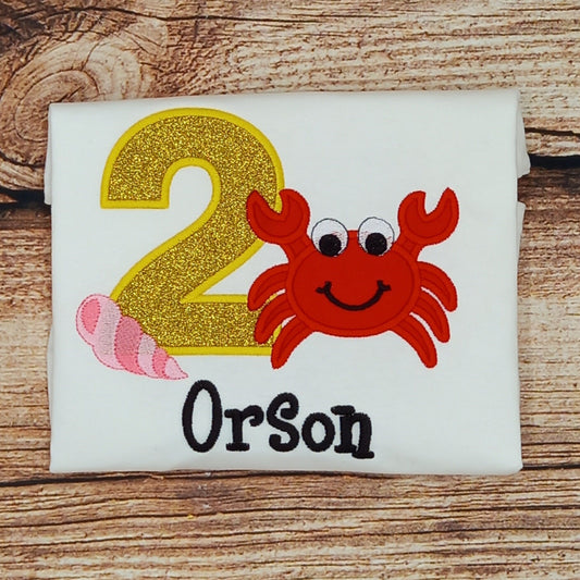 Childrens personalised birthday tshirt, Childs crab birthday shirt, kids embroidered under the sea top, birthday clothing, personalised gift