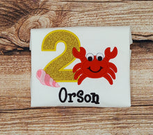 Load image into Gallery viewer, Childrens personalised birthday tshirt, Childs crab birthday shirt, kids embroidered under the sea top, birthday clothing, personalised gift
