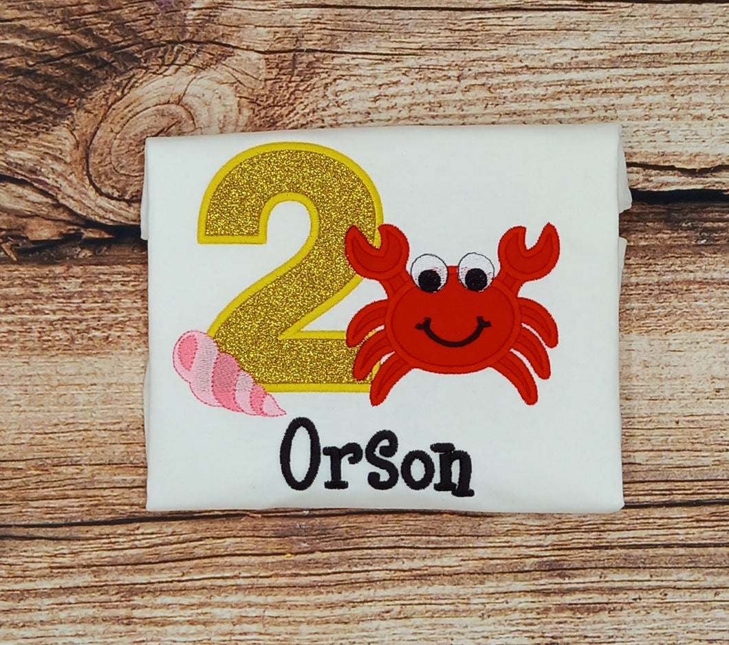 Childrens personalised birthday tshirt, Childs crab birthday shirt, kids embroidered under the sea top, birthday clothing, personalised gift