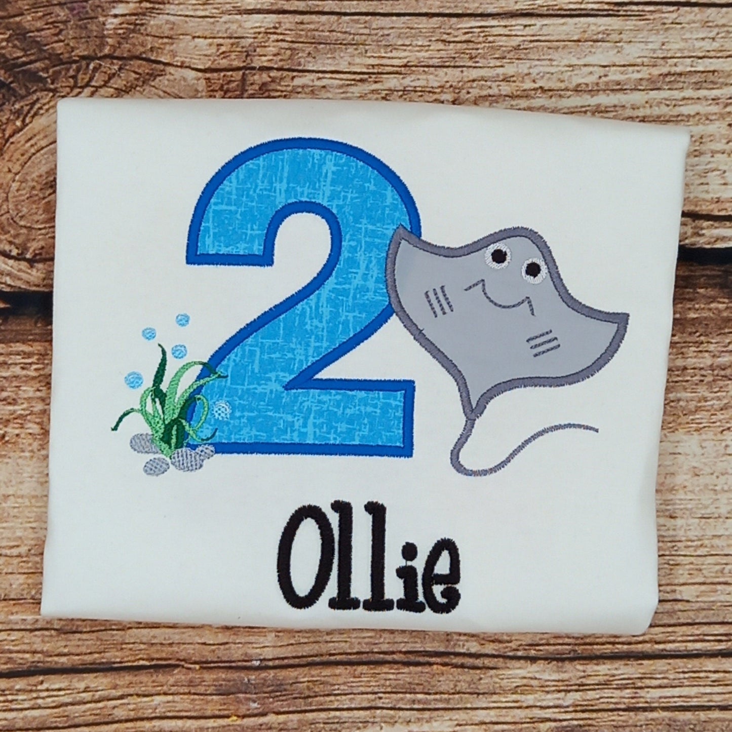Childrens personalised birthday tshirt, Childs sting ray birthday shirt, kids embroidered under the sea top, birthday clothing, gift