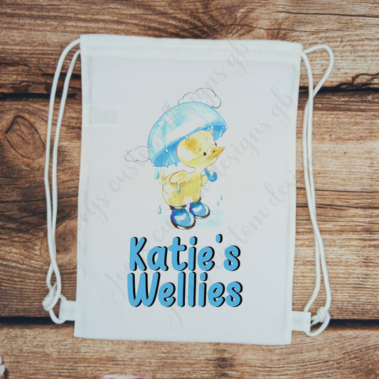 Childrens personalised welly bag,  Childs wellies gym sack, kids boot bag, duck with blue umbrella school bag, toddler boot bag, nursery bag