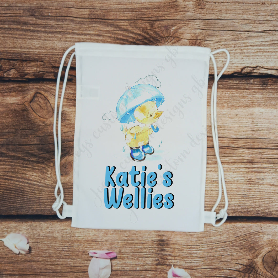 Childrens personalised welly bag,  Childs wellies gym sack, kids boot bag, duck with blue umbrella school bag, toddler boot bag, nursery bag