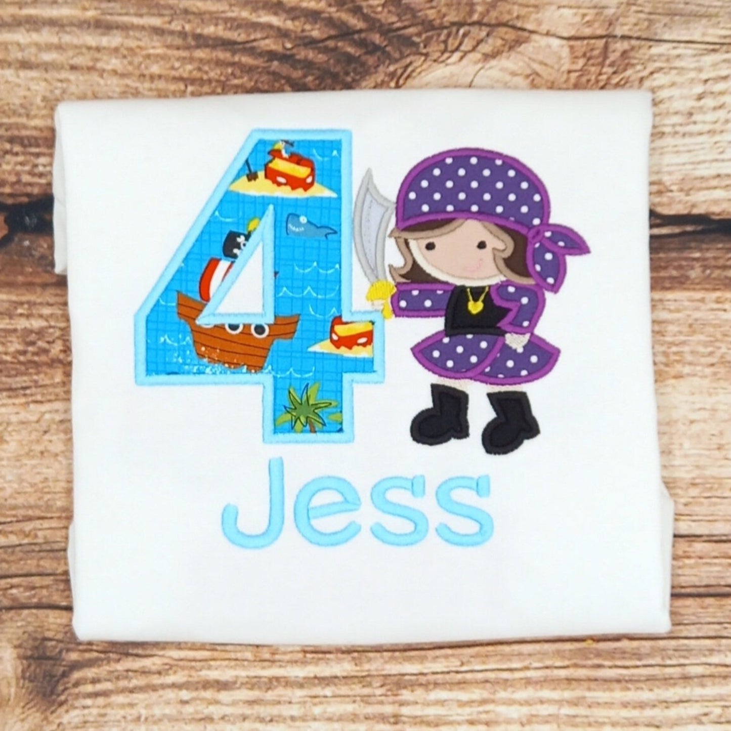 Childrens personalised birthday tshirt, kids embroidered shirt, girl pirate top, birthday outfit, custom clothes, childs personalised gift