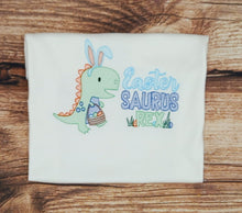 Load image into Gallery viewer, Childrens easter tshirt, Childs dinosaur Easter t-shirt, kids dino tee, childrens sketch embroidery top, eastersaurus rex, Easter gift
