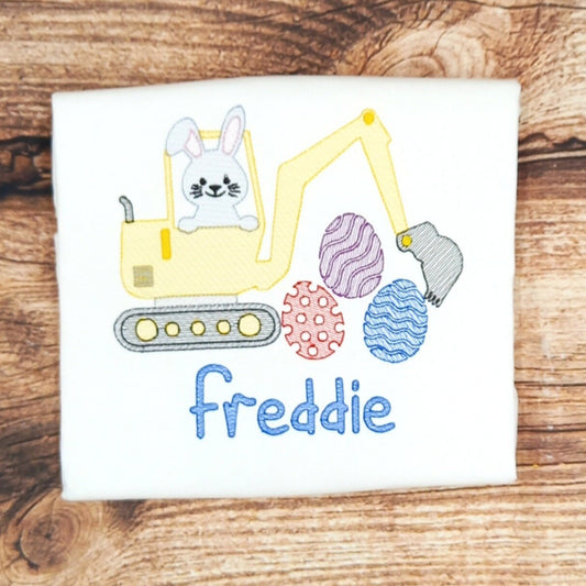 Childrens personalised Easter tshirt, kids embroidered t-shirt, childs sketch embroidered shirt, construction easter rabbit tee, digger top