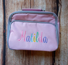 Load image into Gallery viewer, Childrens personalised lunch box, kids embroidered lunch bag, childs picnic bag, personalised cooler bag, school bag, snack storage, gift
