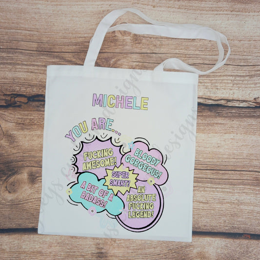 personalised tote bag, positive affirmations shopping bag, canvas reusable bag, long handled tote, beach bag, casual bag, personalised gift