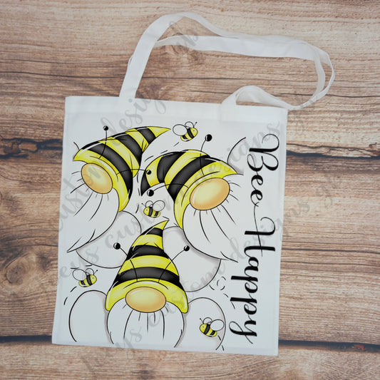 Bee Happy tote bag, Bee canvas shopping bag, Be Happy reusable tote, long handled tote, gnome casual bag, polyester beach bag, gift
