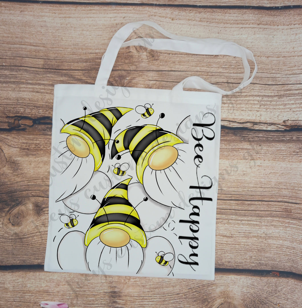 Bee Happy tote bag, Bee canvas shopping bag, Be Happy reusable tote, long handled tote, gnome casual bag, polyester beach bag, gift