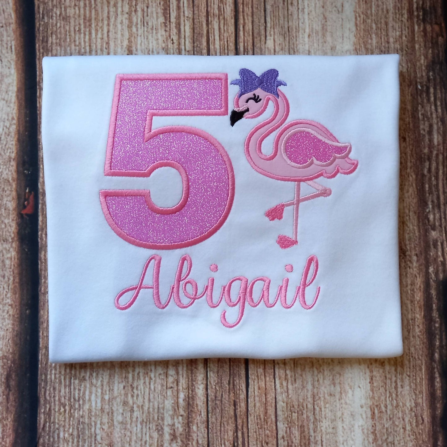 Childrens personalised birthday tshirt, kids flamingo birthday shirt, childs embroidered birthday outfit, glitter T-shirt, personalised gift