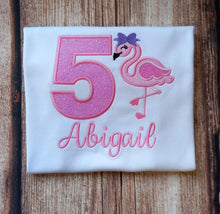 Load image into Gallery viewer, Childrens personalised birthday tshirt, kids flamingo birthday shirt, childs embroidered birthday outfit, glitter T-shirt, personalised gift
