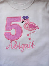 Load image into Gallery viewer, Childrens personalised birthday tshirt, kids flamingo birthday shirt, childs embroidered birthday outfit, glitter T-shirt, personalised gift
