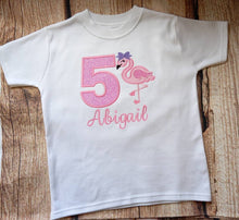 Load image into Gallery viewer, Childrens personalised birthday tshirt, kids flamingo birthday shirt, childs embroidered birthday outfit, glitter T-shirt, personalised gift
