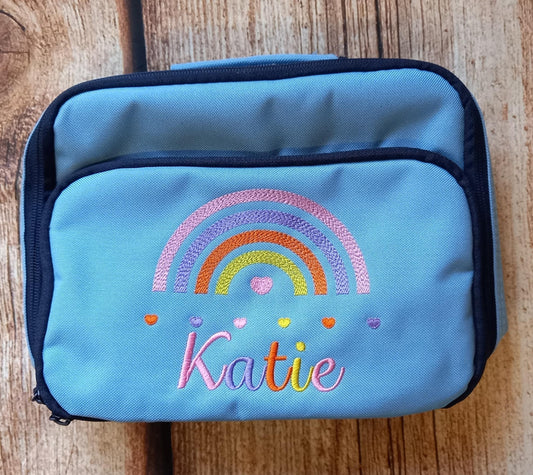 Children's personalised lunch box, childs embroidered lunch bag, kids rainbow cooler bag, kids picnic bag, snack bag, personalised gift