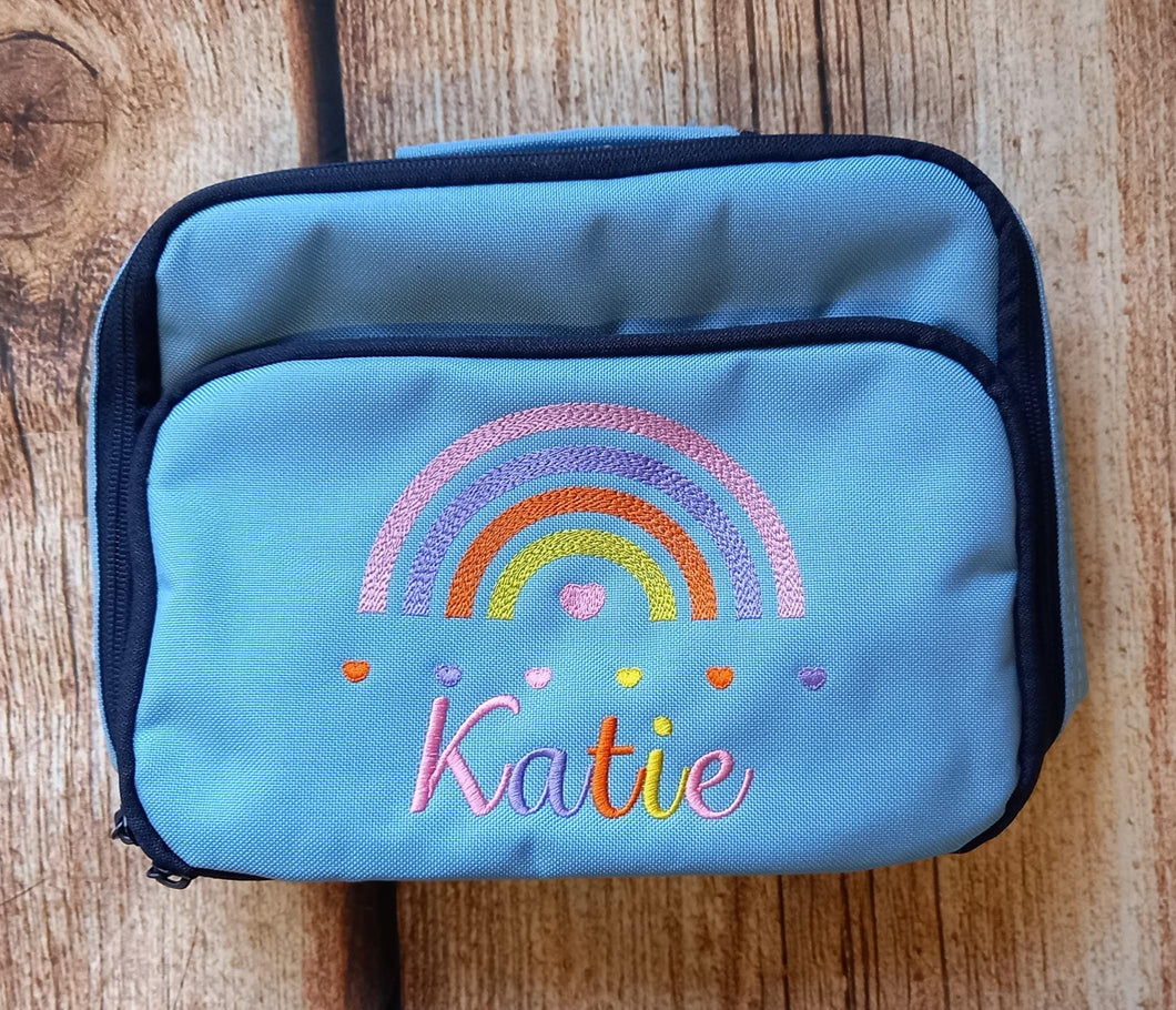 Children's personalised lunch box, childs embroidered lunch bag, kids rainbow cooler bag, kids picnic bag, snack bag, personalised gift