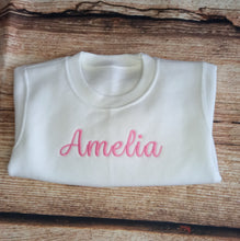 Load image into Gallery viewer, Childrens personalised jumper, Childs embroidered sweater, kids personalised clothing, baby clothes, embroidered clothes, gift for kids
