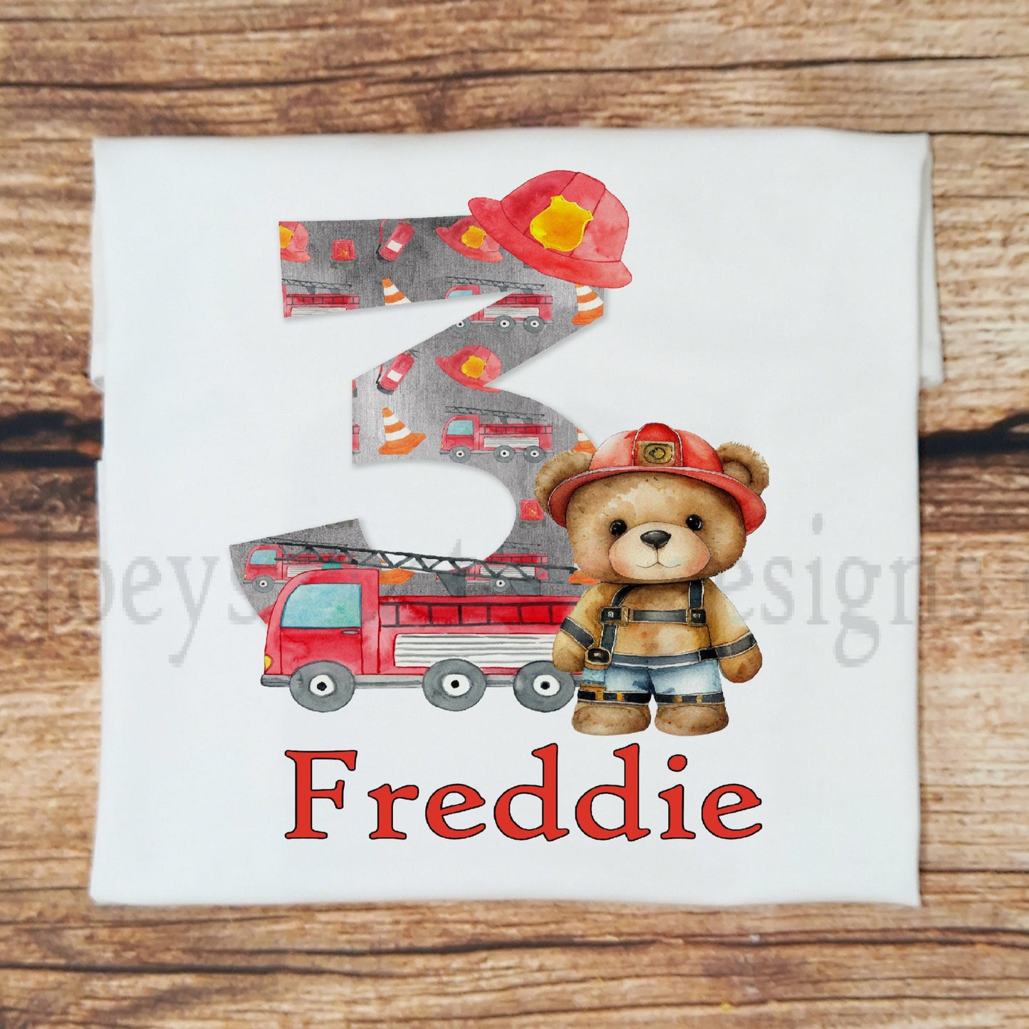 Childrens personalised birthday tshirt, Kids fire engine birthday top, Childs fireman teddy birthday tee, fireman theme birthday clothes