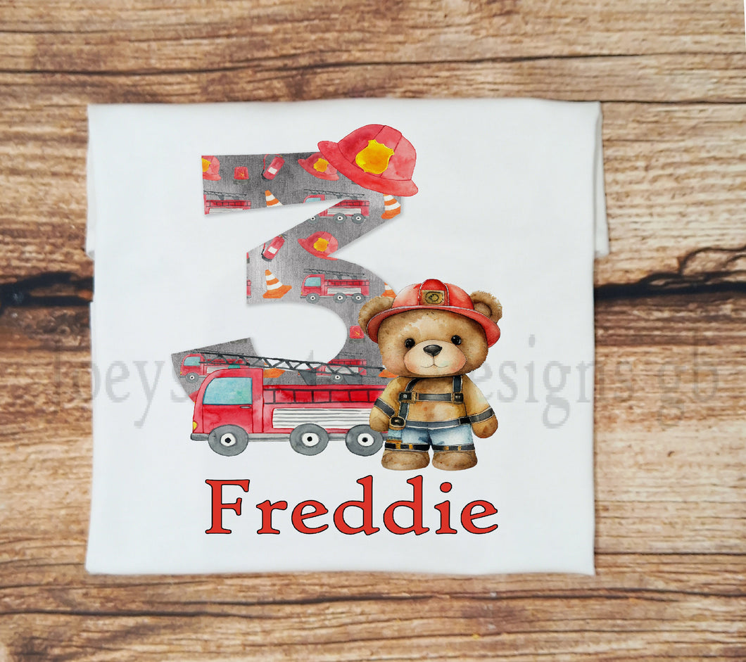 Childrens personalised birthday tshirt, Kids fire engine birthday top, Childs fireman teddy birthday tee, fireman theme birthday clothes