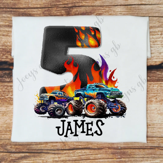 Childrens personalised birthday tshirt, Monster truck birthday top, childs personalised monstertruck shirt, Vehicle birthday gift for kids