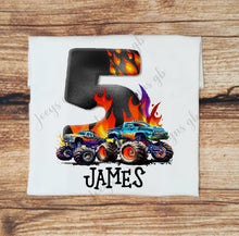 Load image into Gallery viewer, Childrens personalised birthday tshirt, Monster truck birthday top, childs personalised monstertruck shirt, Vehicle birthday gift for kids
