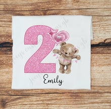 Load image into Gallery viewer, Childrens personalised birthday tshirt, childs teddy bear birthday top, kids birthday shirt, birthday clothing, personalised birthday gift
