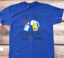 Load image into Gallery viewer, Personalised first fathers day tshirts, matching father child outfit, Fathers day gift, mini me, Daddy and baby clothing, 1st fathers day.
