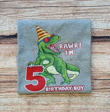 Load image into Gallery viewer, Childs birthday tshirt, kids dinosaur birthday tee, Childrens dino shirt, trex birthday shirt, birthday gift
