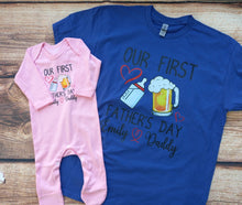 Load image into Gallery viewer, Personalised first fathers day tshirts, matching father child outfit, Fathers day gift, mini me, Daddy and baby clothing, 1st fathers day.
